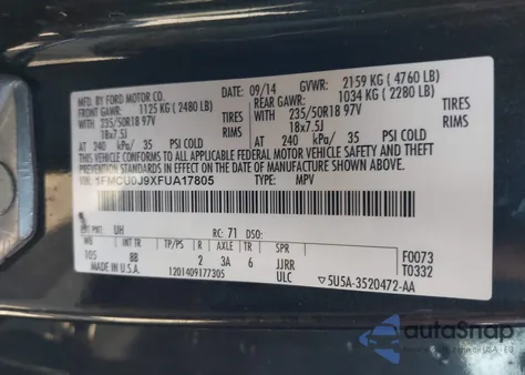 2015 Ford Escape Titanium from USA, damaged, VIN 1FMCU0J9XFUA17805